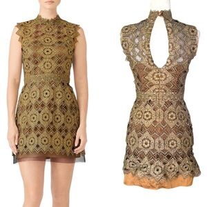 Catherine Deane Kate Metallic Gold Crochet Lace Cutout Mini Dress - 0
